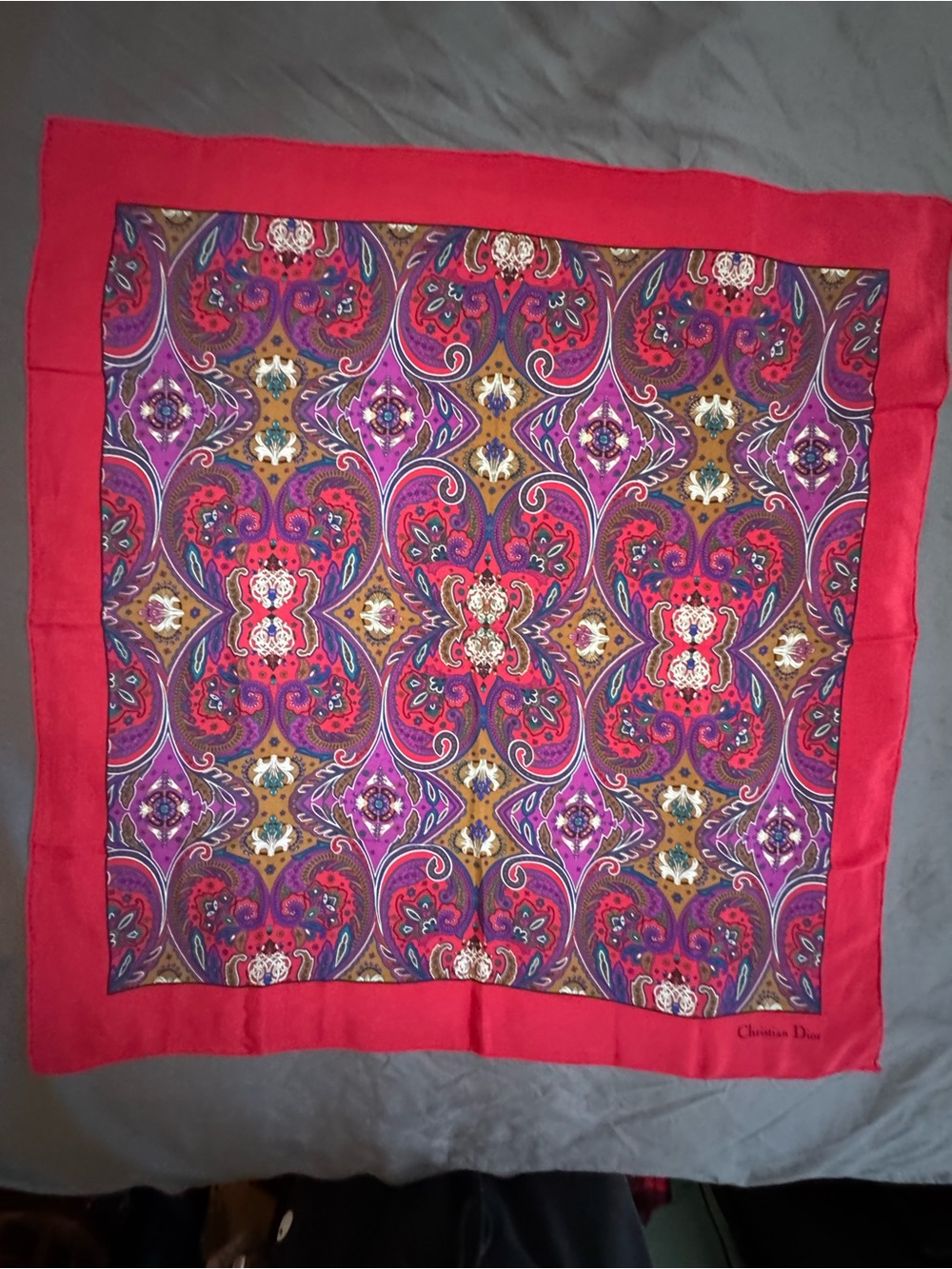 Dior Multicolor Paisley Silk Scarf with Red Border